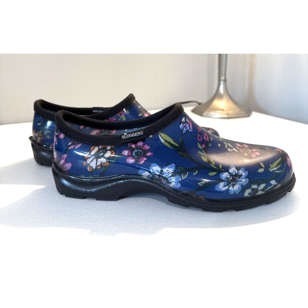 Sloggers Womens Garden Clogs 9 Blue Floral Waterproof Slip‑On Shoes USA Made EUC